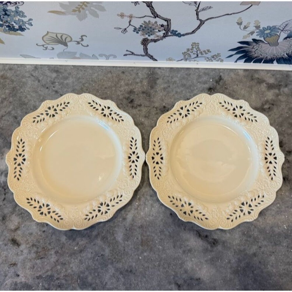 Set of 2 Victorian Lace Creamy White 10 Inch Plates, Reticulated Lace Edge